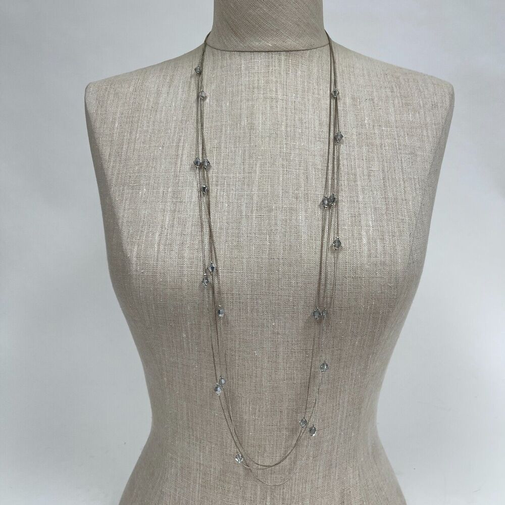 Silver-tone Chain‎ Beaded Clear Silver Women's Fashion Necklace 3 Strands